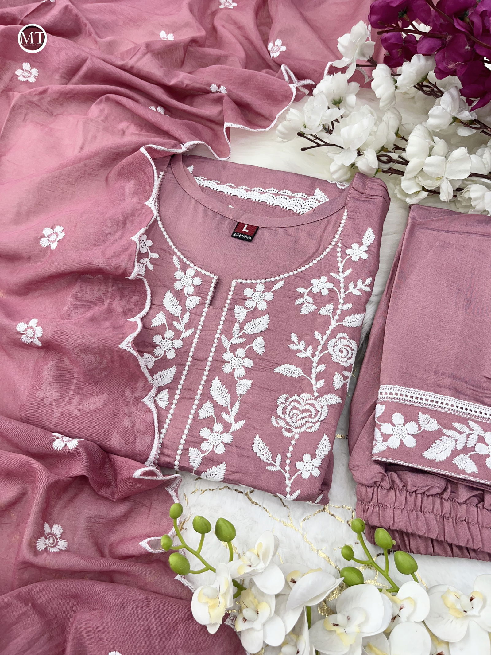 MT Roman Silk Embroidery Designer Kurti With Bottom Dupatta Wholesale Shop In Surat
